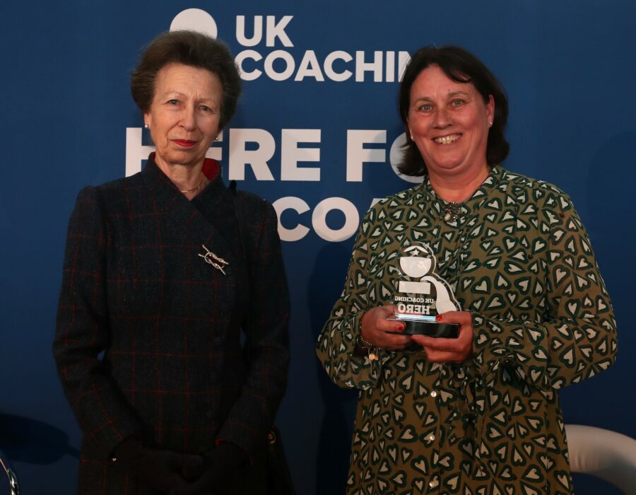 Princess Anne and local hockey coach and PE teacher, Louise Broome, at the UK Coaching Awards 2021.