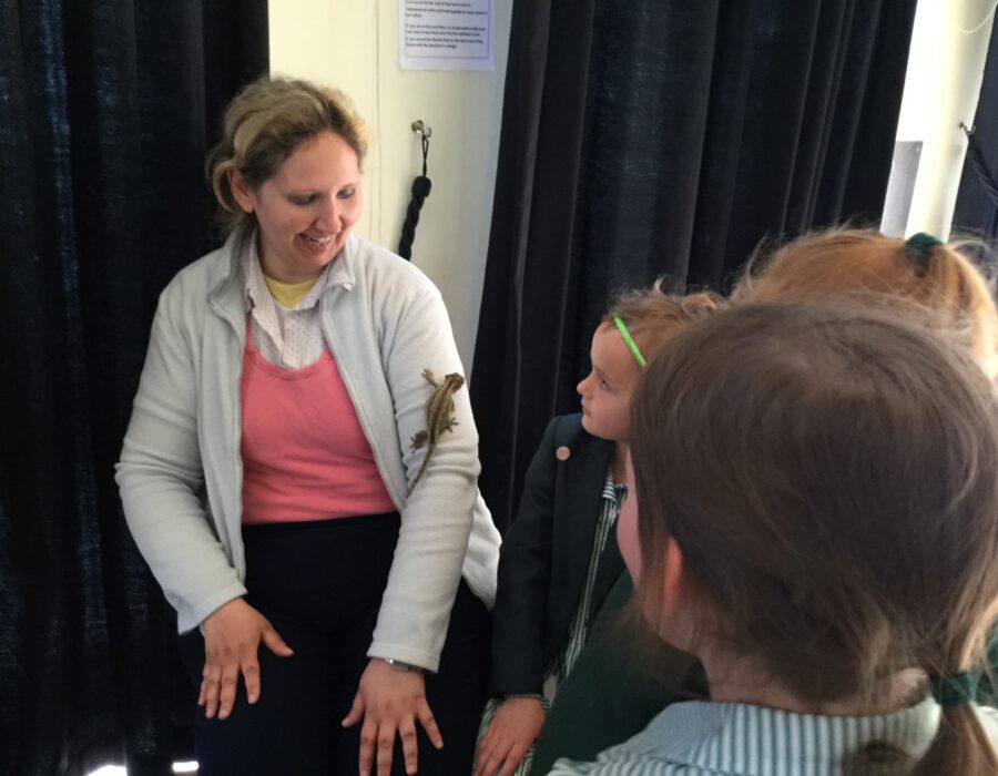a teacher has a lizard on her arm, with children looking at it